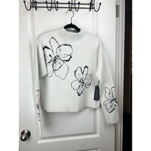 Rachel Zoe Womens White‎ Fuzzy Eyelash Knit Floral Mock Neck Sweater Size Medium